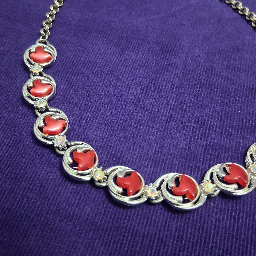 Vintage Charel Cherry Moonglow Necklace Thermoset Hook Closure Silvertone - Picture 13 of 17
